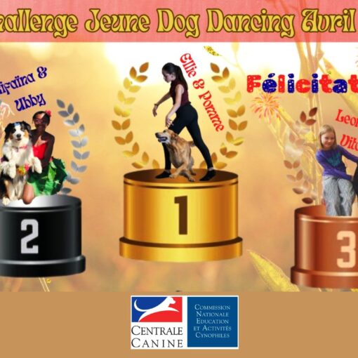 podium 1er challenge dog dancing jeune : 1ère : Ellie 12 ans  et Pomme  2ème : Riphaïna 10 ans et Ubby 3ème : Léonor 10 ans et Vitalia