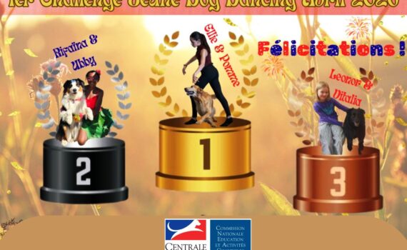 podium 1er challenge dog dancing jeune : 1ère : Ellie 12 ans  et Pomme  2ème : Riphaïna 10 ans et Ubby 3ème : Léonor 10 ans et Vitalia